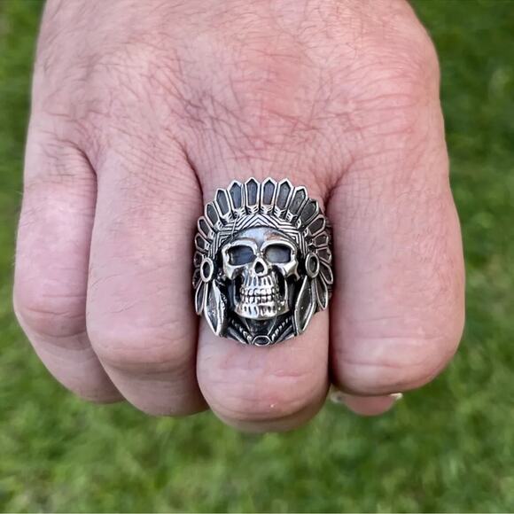 Mens Biker hotrod sterling silver native American chief indian skull ring size 9 - Picture 5 of 5